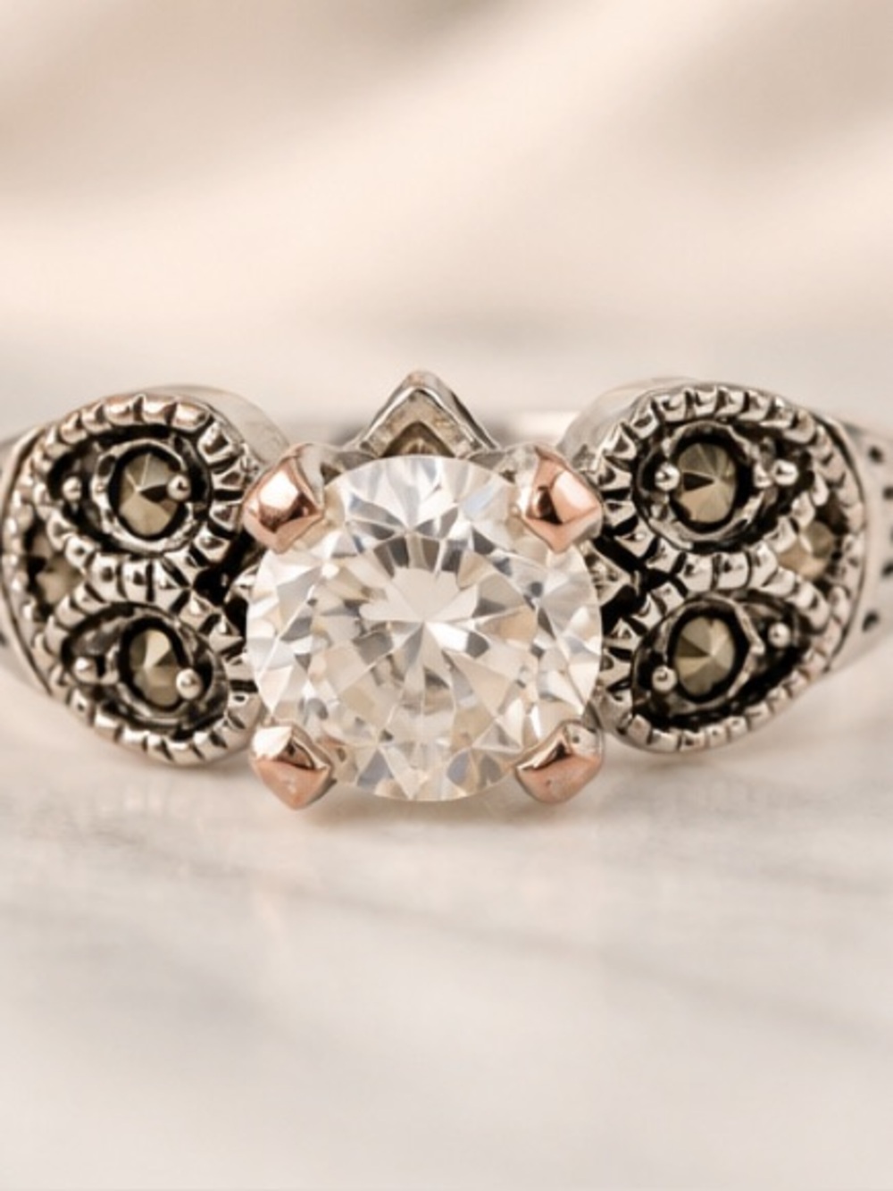 Vintage Style Marcasite and Round CZ Cut Stone
Ring EDCO Size 10